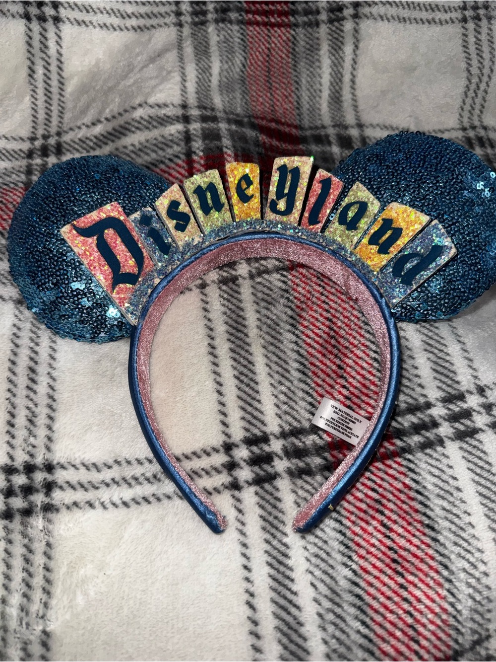Disney Blue Sequin Disneyland Ear Headband with Multicolor Lettering